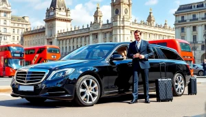 Experience the luxury chauffeur service london with a professional chauffeur and stylish vehicle in a vibrant city setting.