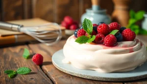 Mousseline dessert with fresh berries and mint leaves op een houten tafel.