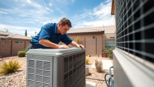 Engineer performing ac repair mesa az with expert attention in a sunny outdoor setting.