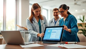 Healthcare providers consult over e-prescribing systems in a modern office environment.