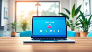 Utilize a temp email service showcased on a modern laptop surrounded by a digital workspace.