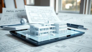 3d visualisierung des modernen Architekturmodells auf einem digitalen Tablet.