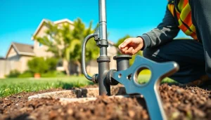 Plumber conducting well pump replacement, showcasing tools and suburban setting.