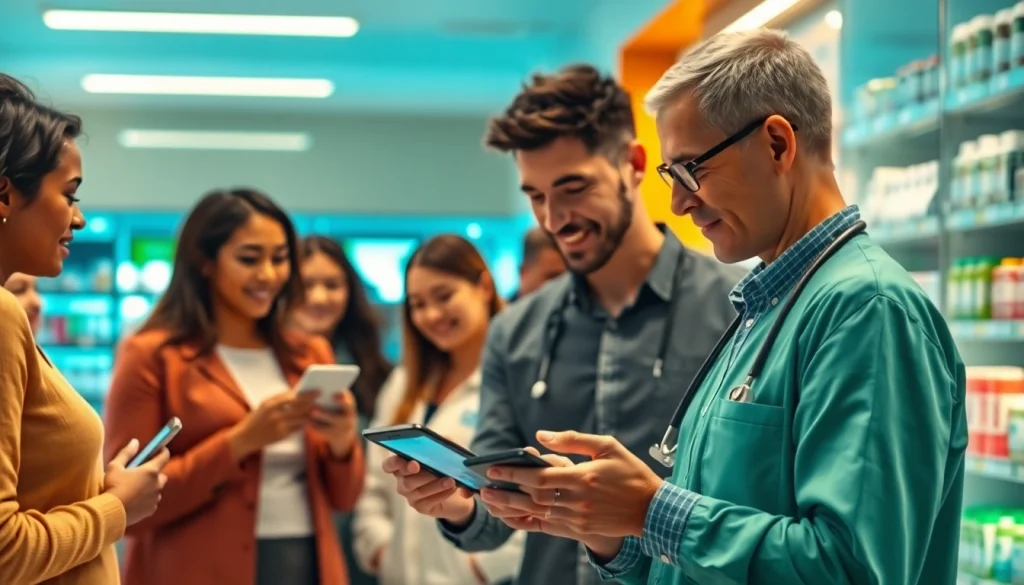 Utilize time saving prescription apps to streamline medication savings in a lively pharmacy environment.