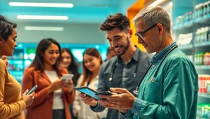 Utilize time saving prescription apps to streamline medication savings in a lively pharmacy environment.