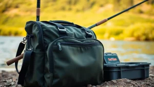 Showcase a Fly fishing bag near water, emphasizing its durability and outdoor aesthetics.